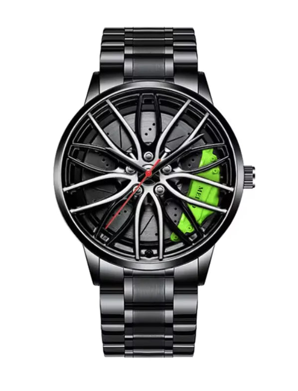 Reloj de cuarzo con diseño de rueda de coche